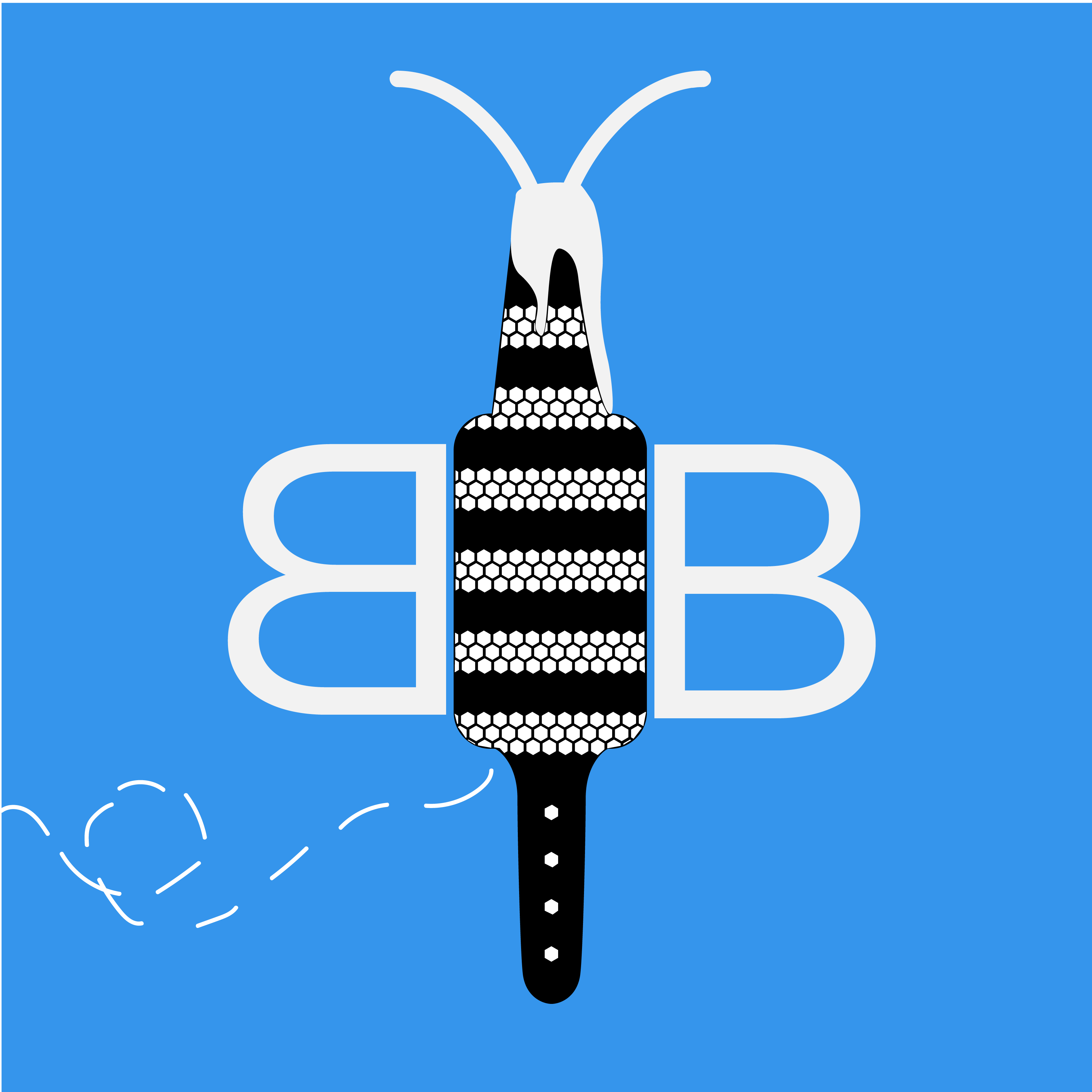 One of the final  proposed logos for a client, a Bee made out of an overflowing beer bottle with two of the letter b on either side as wing on a blue backgrounds and a watch band as a stinger